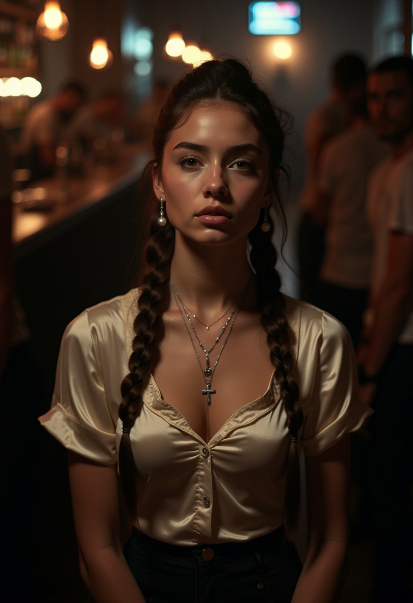 A highly detailed and cinematic photograph of a 19-year-old innocent prude Catholic school girl in a dimly lit, shady bar in the UK, surrounded by rough hooligans. She has an intimidated expression on her face, her natural skin texture and perfect hands are meticulously detailed. She wears a high-closed, tight buttoned silk blouse that accentuates her modesty, with shadows dramatically falling over her chest and a subtle dim light catching the sheen of her braided updo hair. Her large 34DD bust is noticeable but accidentally depicted, with a mid size crucifix necklace. A long bar full of rugged men stretches behind her, adding depth to the scene. She wears a delicate necklace with a cross and pearl earrings, adding a touch of innocence. Shot with Kodak Portra 800 film on a Hasselblad 500 camera with a 55mm f/1.9 lens, featuring extreme depth of field, high contrast, and available light. The atmosphere is cinematic, with Ultra HD, HDR, and 8K resolution, evoking tension and drama in every detail.