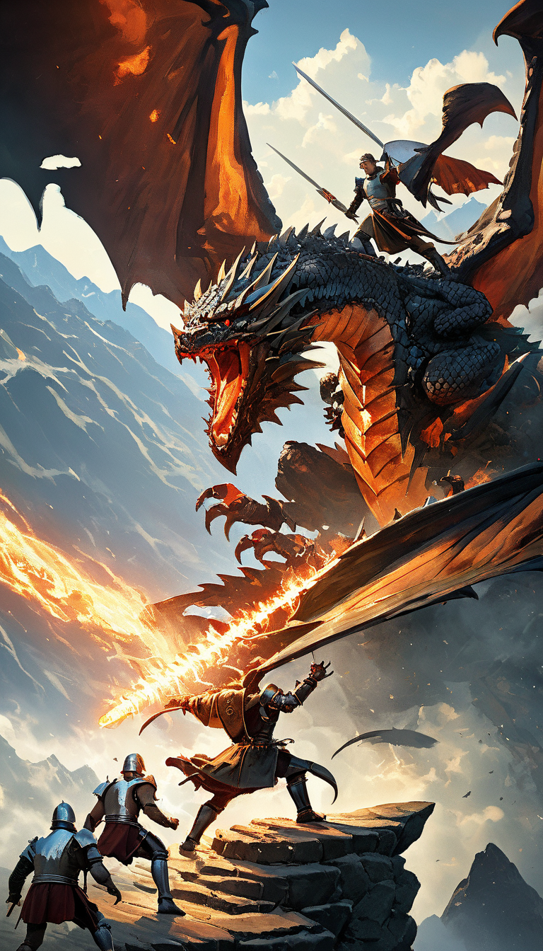masterpiece, best quality, greg rutkowski, winged dragon, weapon, sword, breathing fire from mouth, fantasy, armor, holding weapon, holding sword, battle, scenery, mountain, outdoors, multiple people, very detailed, high resolution, sharp, sharp image, 4k, 8k,<lora:greg_rutkowski_xl_v3:1>