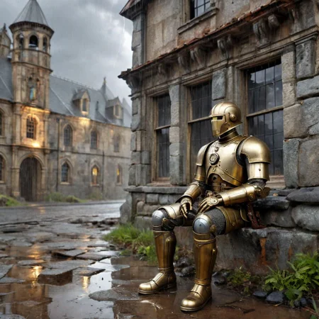 Masterpiece, DonMSt34mPXL, Realistic Lightning, Cinematic Lightning, Dark Lightning, Rain, Puddle, Clouded Sky, medieval, fantasy, pedestrians.
((((broken, depressed, abandoned, rusty, sitting, brass Clockwork Soldier, with human like face) leaning against (abandoned gray stone building))) in a (medieval city)). Highly detailed clockwork soldier. (Unfocused medieval pedestrians in background). fandist background. Unfocused Background.