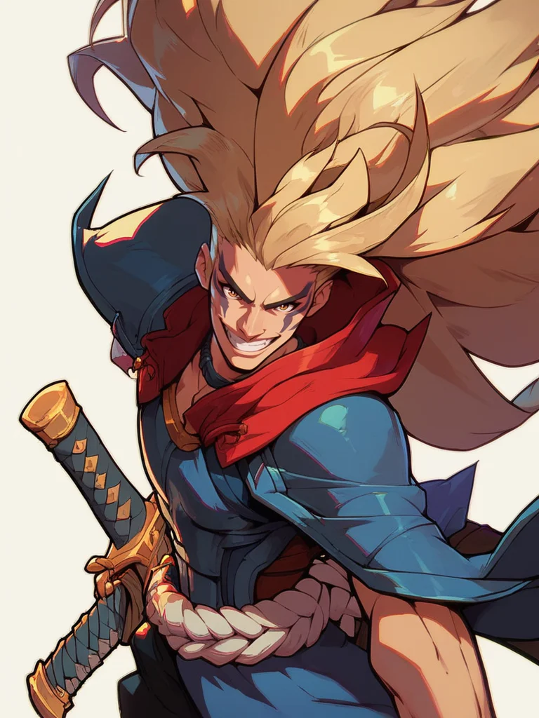 score_9, score_8_up, score_7_up, 1boy, japanese armor, katana, big hat, facial tattoo, evil smile, long hair, looking at viewer, cowboy shot, dynamic pose, smile, wide shot, solo, portrait,
<lora:2XKO_style:1>, 2XKO, wide shot,