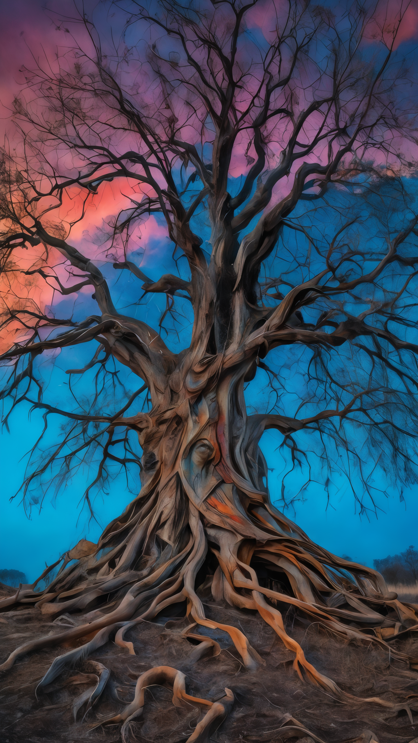 A very large dead tree with standing tall with drawft branches, covering the whole canvas on the tree branches, a very detailed various different kind of many human faces hidden all over, is mesmerizing, colorful atmosphere behind the tree, a glowing sky blue Ash, on the ground, some dead plants on the tree, branches, and all over the tree, thousands of different human faces all over the tree peoples head in details beautiful art