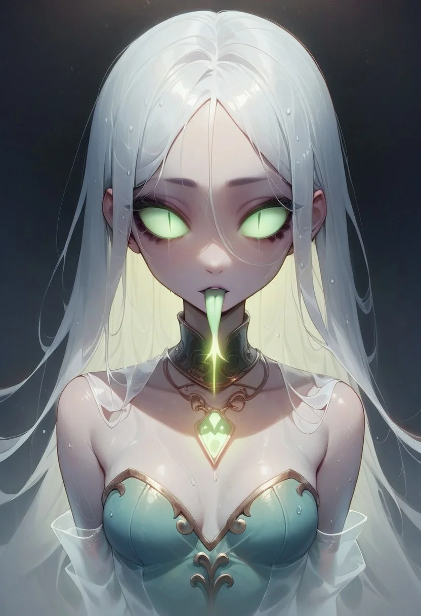 score_9, score_8_up, score_7_up, score_6_up, score_5_up, score_4_up, source_anime
1girl, 18 year old korean girl with very long white hair, empty eye sockets, green glowing eyes,small breasts, wet hair, wet skin, cleavage, white hair, ghostly girl, ais-ghostly, ghostly background, ghost girl, ghost, 1 girl, pale skin, closeup of face and chest, wearing glowing emerald necklace, eyes glowing green, wearing green qipao, vertical slit pupils, forked tongue, snake ghosts