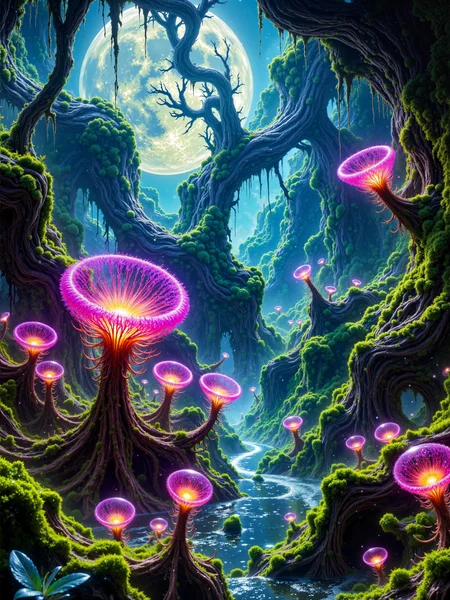 ultra-high-resolution, 8k, 4k, professional nature photography, national geographic style, nat geo, science fiction ecosystem, fractal geometry, a haunting alien swamp stretches under an otherworldly sky, the foreground features a radiant carnivorous plant with curling fronds that bristle with luminous, dew-tipped tendrils, each filament refracts the ambient light like micro-prisms, creating shimmering halos in the mist, the plant is nestled in a shallow pool of viscous, translucent liquid, surrounded by sponge-like soil covered in creeping mosses of electric blue and soft coral-pink, the plants trap-like structure unfurls in concentric spirals, its interior lined with twitching sensory filaments and sticky bulbs that pulse with faint internal light, several small alien insects winged, translucent, and bioluminescent hover hesitantly nearby, while others hang limp in the traps grasp, their iridescent wings tangled in the mucosal strands, to the left, a towering stalk-like predator plant rises from the mist, with pulsating vents and a membranous crest that flexes with a slow, rhythmic motion, further back, bulbous pitcher-like organisms breathe in puffs of glowing mist from the marsh surface, and strange fungi pulse with a faint pink glow across the twisted roots of sunken trees, their reflections warped by the murky waters, the background recedes into a surreal, twilight-hued wetland filled with gnarled, root-laced trees partially submerged in the peat-colored waters, above the trees, an alien moon with jagged craters hangs low behind strands of drifting galactic cloud, partially lighting the scene with a cool silvery glow that contrasts with the soft golden tones of bioluminescence rising from the terrain, camera angle is medium-wide, focused primarily on the carnivorous plant in the foreground but capturing enough depth and detail to convey the richness of the swamp ecosystem, with a cinematic balance between natural science framing and artistic composition, lighting is a mix of ambient celestial glow and environmental bioluminescence, creating soft diffused highlights, subtle color bleeding, and rich contrasts in texture, moisture, and transparency, captured with high-resolution digital sensor using naturalistic macro-zoom lens with wide aperture, no artificial staging, image appears authentic and organic, like a still frame from a field biology expedition on an exoplanet, ovg, alienplants, artilands02, bo-bioluminescent, bioluminescent, james webb space telescope, cosmology, spiral galaxy, galaxy, nircam, cosmic cliffs, carina nebula, star birth, rho ophiuchi, orion nebula, ngc 1672, ngc 3627, ngc 3351, ngc 1566, ngc 4254, ngc 3132, ngc 4303, ngc 5068, <lora:james_webb_space_telescope-flux-by_motimalu:0.48> <lora:style-bioluminescent_dreams-flux-by_bo4rsworld:0.44> <lora:alien_plants-flux-by_chronoknight:0.64> <lora:style-fantastic_landscapes-v2-flux-by_artifyai:0.64>