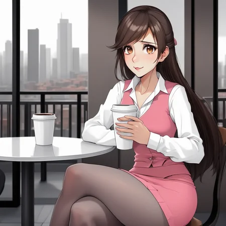 clerkBW, relaxed expression, brown eyes, long brown hair with sidelocks, white blouse, pink skirt, gray pantyhose, black heels, sitting at a café table, holding a coffee cup, soft morning light, cityscape in the background