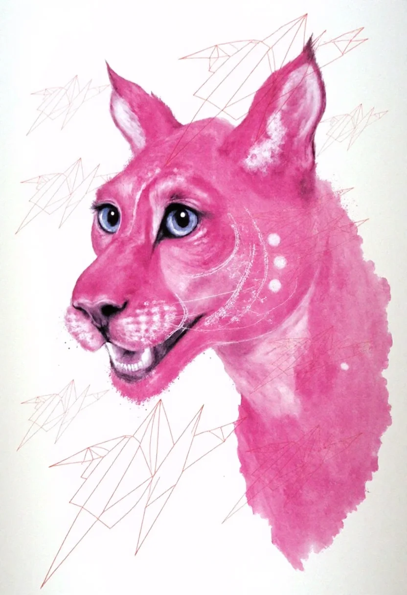 <lora:Acrobatic_Maneuvers_Style_FLUX-000015:0.9>
This image is a digital drawing that combines elements of surrealism and modern art. The central figure is a stylized, three-dimensional representation of the face of a Pink Panther, with striking details rendered in shades of pink.