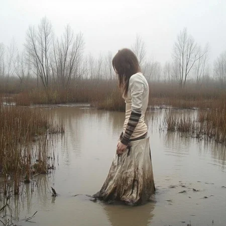 aesthetic2000s, perfect face, face focus, Young woman, mid-20s, gorgeous, full-body view, light brown long shaggy emo hair, fair skin, wearing an edwardian wedding gown, standing in profile with head slightly bowed, somber expression, no visible makeup, natural look, scene set in an outdoor marshland, wading through muddy waters, staining wedding dress with mud, visible reeds and bare trees, overcast sky, mist in the background, muted earthy tones, soft lighting, capturing a serene, introspective mood, low lighting, eerie sky and atmosphere, amateurish photo quality, aesthetic_pos3