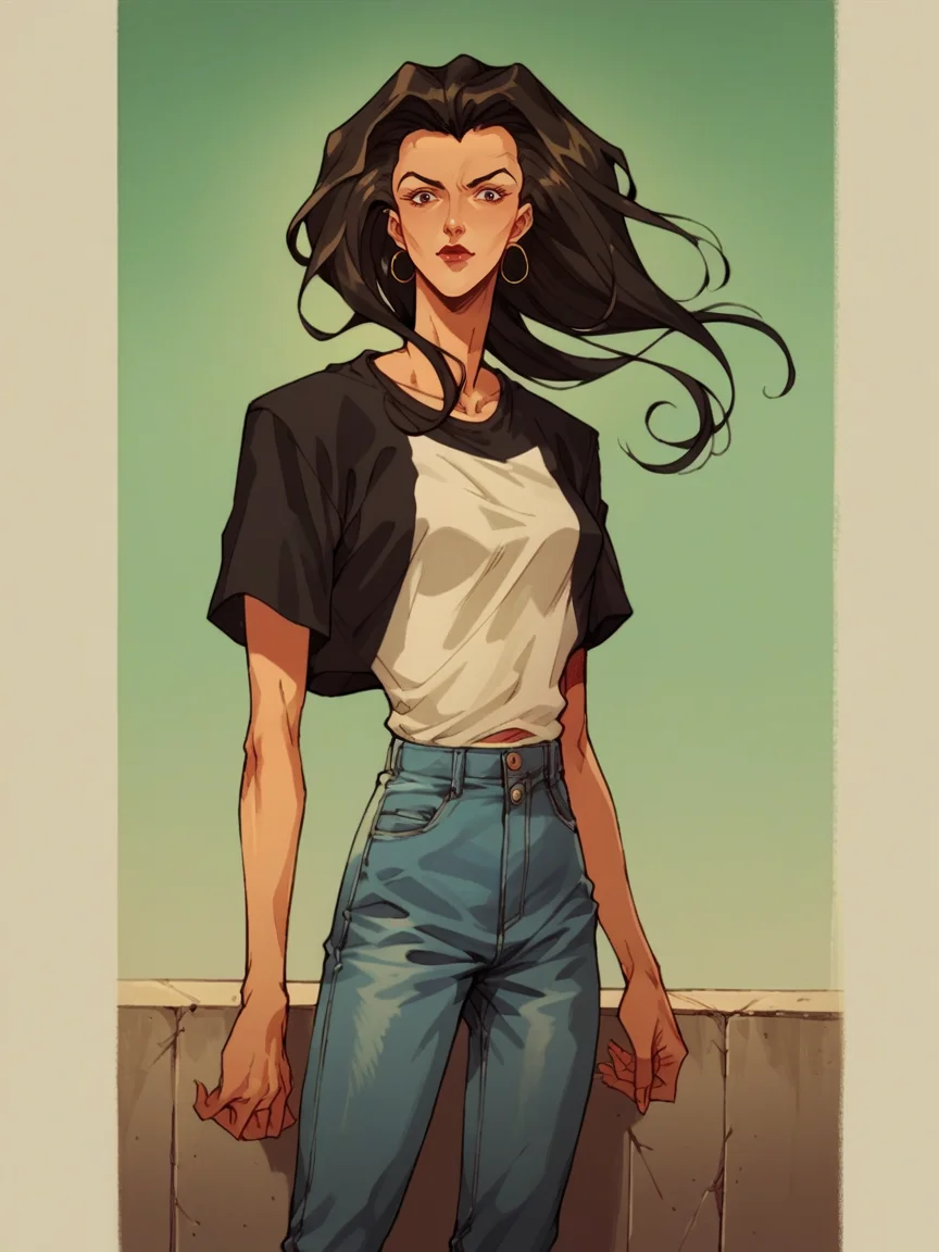 score_9, score_8_up, score_7_up, score_6_up, score_5_up, <lora:aeoxFluxXLP:0.8> aeox flux, retro artstyle, 1girl, jeans, t-shirt, long hair, solo