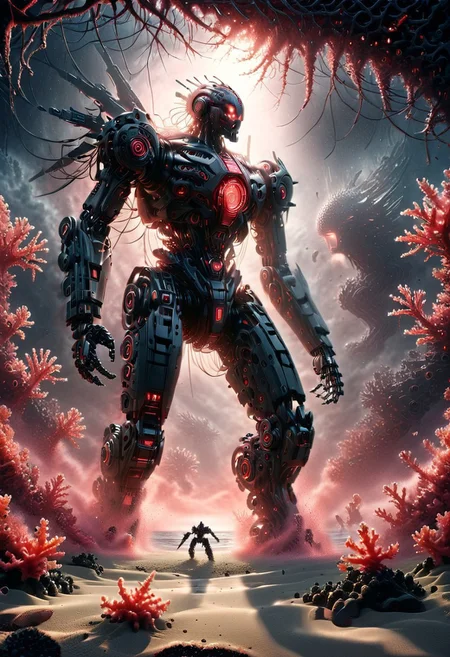 masterpiece, one-person solo, Dark-Fantasy-page Jed-rbt, robot made-out-of-coral, (dark:1.1) outdoors beach (shadows) (dark-atmosphere) ominous eerie