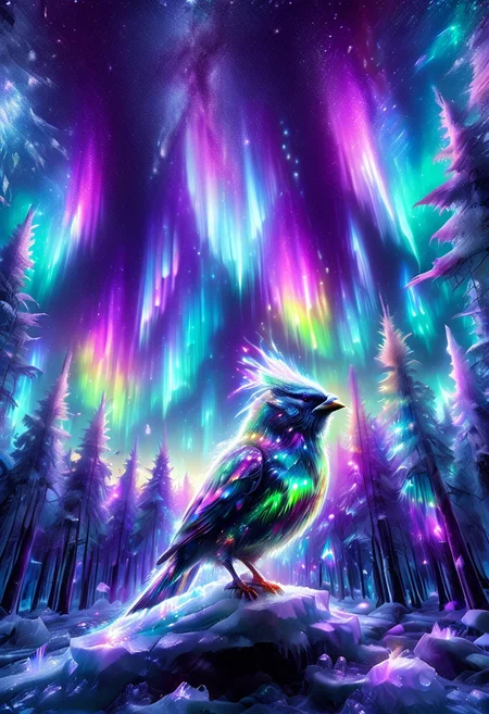 lazympos, morph-aurora, A platinum-tier sparrow with bioluminescent fur prowls through an aurora-lit crystal forest, prismatic light shards refract through ice formations, glowing celestial patterns dance across its obsidian collar, hyper-detailed fur texture with rainbow iridescence, 8k resolution.