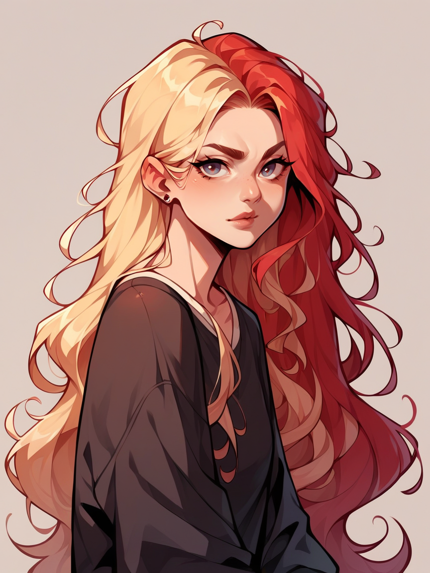 score_9, score_8_up, score_7_up, score_6_up, score_5_up, <lora:spl1th41rXLP:1> spl1th41r, two tone hair, 1girl, long hair,  red blonde hair