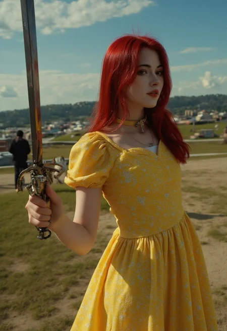 analog film photo (art by Zdzislaw Beksinski). baroque style. young woman KTNK. mechanical. giant cyberpunk sword. epic, glorification, backlit, god rays. The woman, with striking long, vibrant red hair, is dressed in a knee-length, yellow dress with a subtle white floral pattern. The dress has short, puffed sleeves and a V-neckline, fitting her slender physique. faded film, desaturated, 35mm photo, grainy, vignette, vintage, Kodachrome, Lomography, stained, highly detailed, found footage