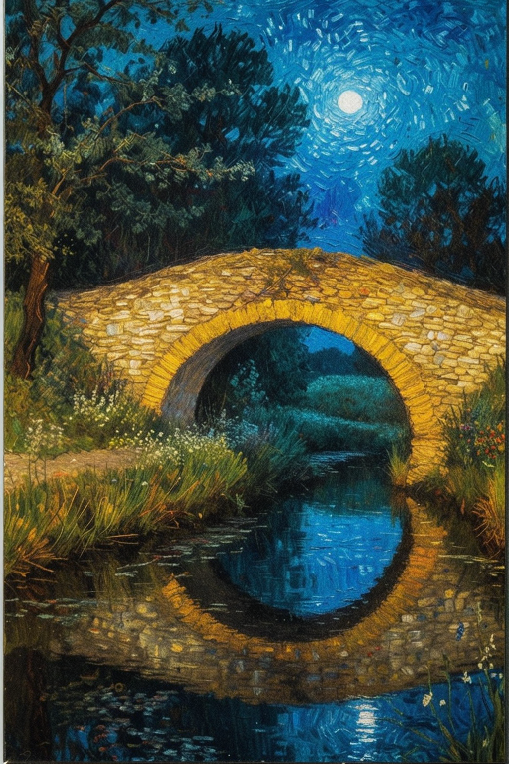 renaissance style impressionist painting. moonlight. reflections on water. quaint stone bridge. small stream. wildflowers. asymetric. in the style of Van Gogh