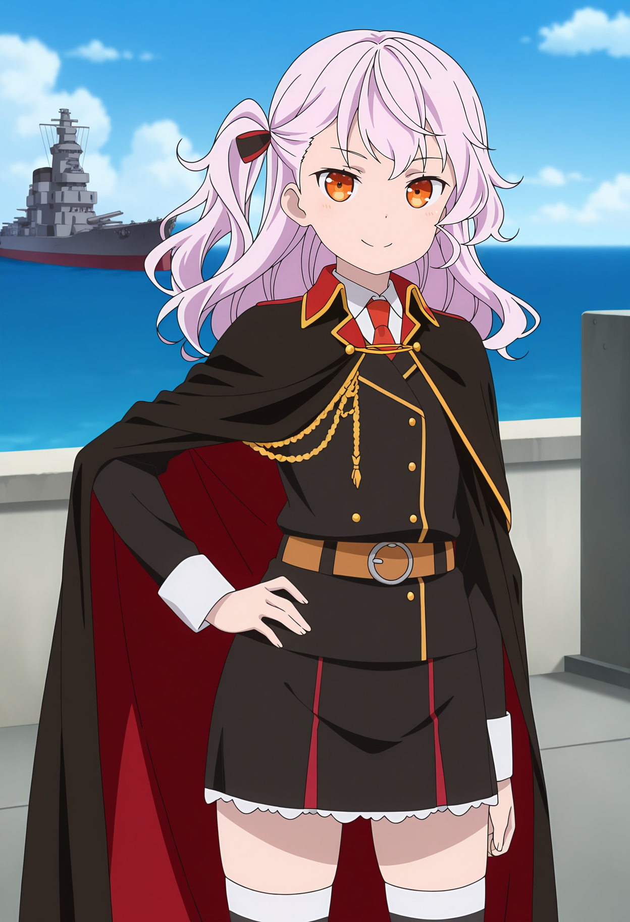anime screencap, masterpiece, best quality,
<lora:HighSchoolFleet_TheaKreutzer_IlluXL:0.9>,
1girl, solo, closed mouth, smile,
one side up, long hair, pink hair, orange eyes, hair ribbon, black ribbon,
naval uniform, black cape, black jacket, collared shirt, white shirt, red necktie, long sleeves, brown belt,
black skirt, striped thighhighs, white thighhighs, black thighighs,
hand on own hip, arm at side, standing, looking at viewer, cowboy shot, legs,
horizon, dock, outdoors, battleship, warship, blue sky, blurry background
