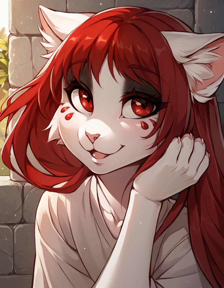 score_9,score_8_up,score_7_up,score_6_up,
outdoors,
full body,seductive smile,parted lips,long eyelashes,happy,
<lora:Seelena_Zorn_v01_PDXL:1>,
Seelena,1girl,solo,furry female,cat girl,cat ears,animal ear fluff,long hair,bangs,red hair,red eyes,snout,animal nose,facial mark,body fur,white fur,cat tail,
<lora:add-detail-xl:1>,