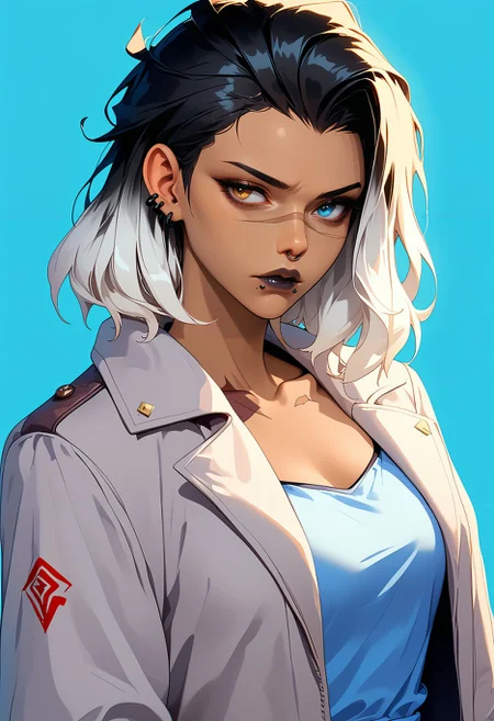 score_9,score_8_up,core_7_up, <lora:fade_valorant_pdxl:1>1girl, animification, black hair, black jacket, black lips, blue background, blue eyes, blue jacket, breasts, brown eyes, collarbone, dark-skinned female, dark skin, earrings, grey hair, grey jacket, heterochromia, jacket, jewelry, lip piercing, looking to the side, medium breasts, multicolored clothes, multicolored hair, multicolored jacket, piercing, scar, scar on face, solo, two-tone hair