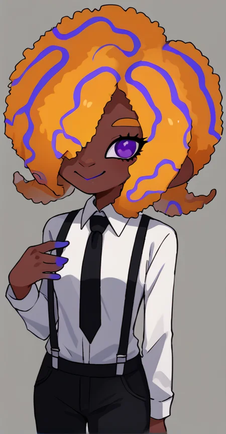 score_9, solo, 1girl, dark skin, black pants, pants, purple eyes, hair over one eye, shirt, white shirt,  afro, smile, necktie, suspenders, <lora:tao_blu_splatoon:1>