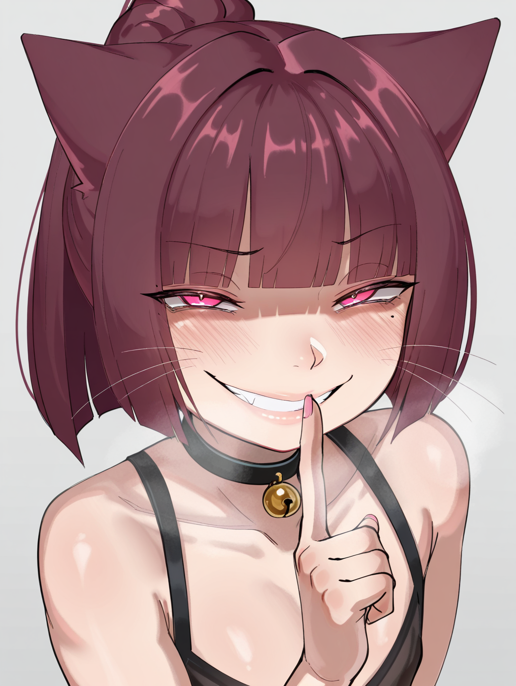 masterpiece, highly detailed, best quality, amazing quality, 1boy, solo,
 <lora:iyarin:1> iyarin
otoko no ko, cat boy, blunt bangs, sidelocks, blunt ends, ponytail, neck bell
smug, shushing, whiskers, evil smile, beauty mole,