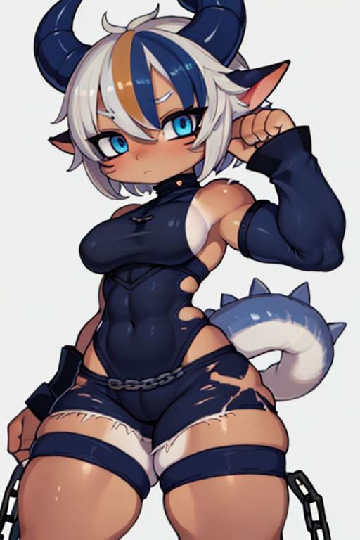 Dragon, horns, chibi, breasts, thick thighs, muscular, ((tan skin)), white hair, ((navy hair streaks)), short spiky hair, slanted blue eyes, skin patterns, non human, monster girl, chains, ripped clothes, ((blue white and black clothes)), tomboy outfit, bad ass