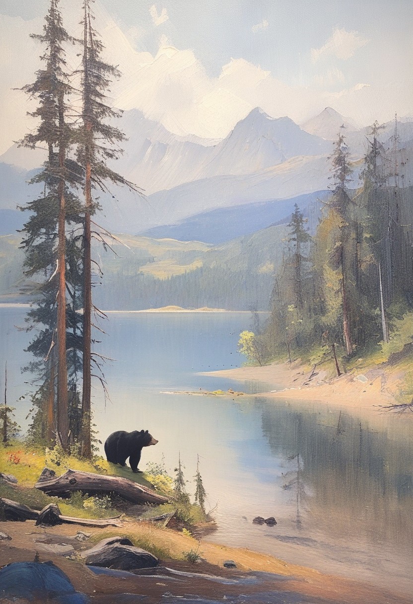 masterpiece, impressionism, style of Edgar Degas, landscape, late afternoon, Pacific Northwest, dim light, misty mountain, mountain lake, scene of a black bear walking on the shoreline of a mountain lake, a downed tree stretches out into the lake, the view is of an inlet to the lake, a sandy shore is in the foreground, the bear walks gently along the shore, across the inlet we see steep mountains covered with mist and a late spring snow, a small waterfall cascades down from the nearest mountain, mountain pine trees are on the right side of the scene in the mid-ground, high definition, free-flowing brushstrokes, high quality, 8k, unsigned.