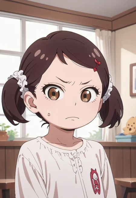 score_9, score_8_up, score_7_up, source_anime, becky blackbell, female child, child, brown hair, brown eyes, short twintails, 1girl, hair ornament, hairclip, solo, looking at viewer, sweatdrop, indoors, frown, closed mouth, shirt