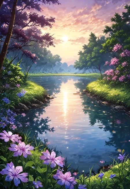 detailed background,( Calm spring morning landscape), amongst lush greenery, beautiful view, creeping phlox in full bloom, creeping phlox, early morning, sunrise sky, beautiful clouds, dappled sunlight, outdoor seating, one lamp, Tranquil Lake, Boat on a Lake, depth of field, masterpiece, best quality, ultra-detailed, very aesthetic, illustration, perfect composition, intricate details, absurdres, moody lighting, wisps of light, no humans,
clear lights