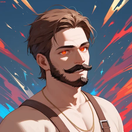 score_9, score_8_up, score_7_up, PDXL, <lora:ProfPic-000001:1>, pr0fpic, portrait, 
1boy, detailed eyes, long brown hair, beard, moustache, red glowing eyes, stylish brown hair