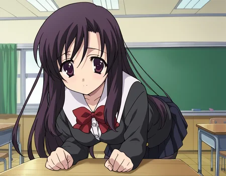 score_9, score_8_up, score_7_up, source_anime,
kotonohakatsura, <lora:kotonoha-katsura-ponyxl-lora-nochekaiser:1>,
kotonoha katsura, purple eyes, black hair, long hair,
black thighhighs, bow, red bow, school uniform, skirt, thighhighs, zettai ryouiki,
indoors, classroom, bent over,
looking at viewer, cowboy shot,