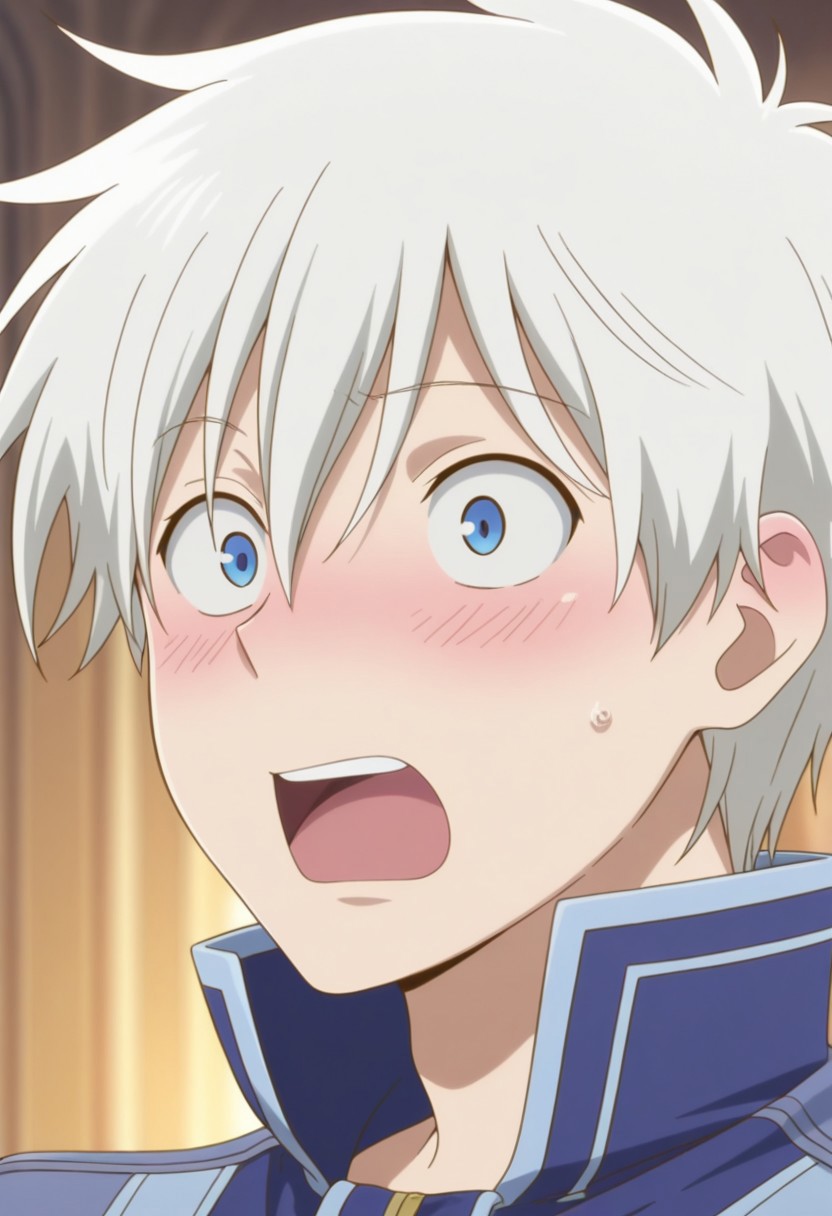 masterpiece,best quality,amazing quality, source_anime, 
ZenWistaria, 1boy, male focus, blush, blue eyes, solo, blurry background, wide-eyed, blurry, open mouth, white hair, white hair, portrait, parody, looking at viewer, jacket, blue jacket, high collar,