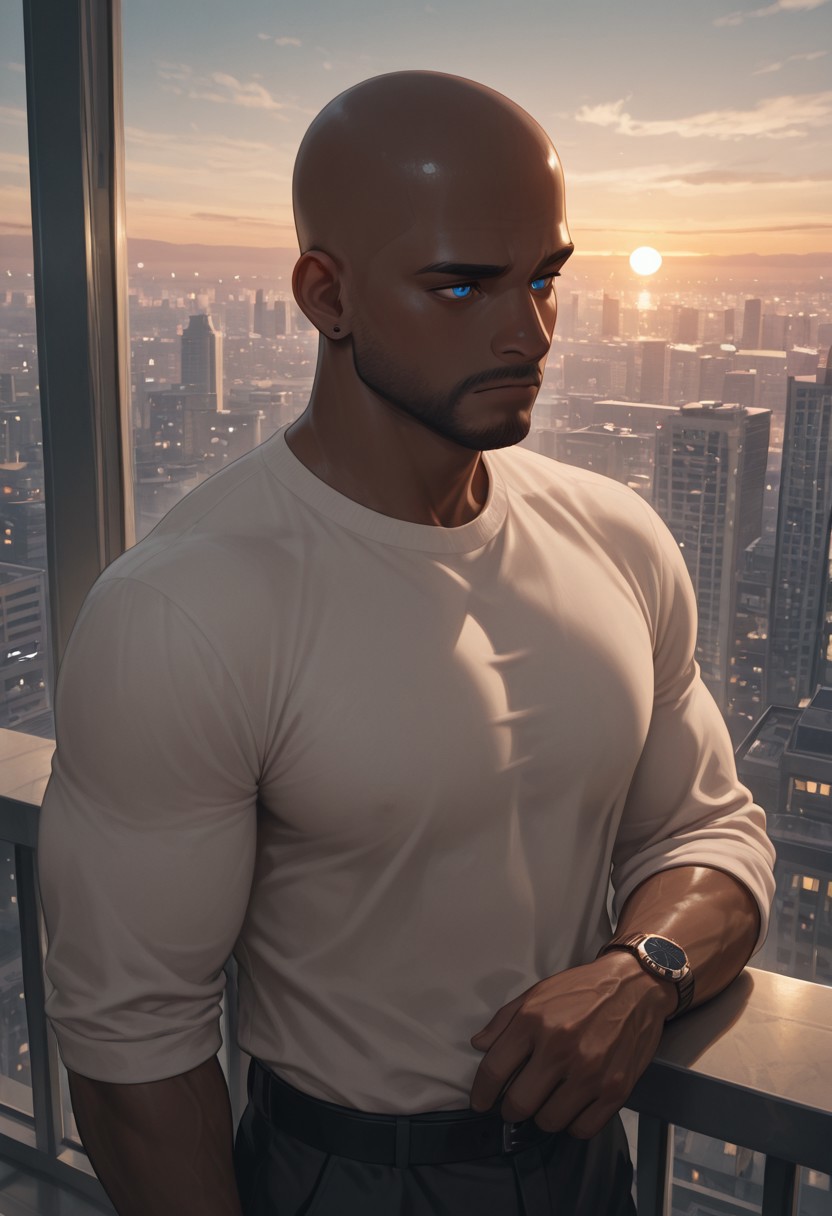 masterpiece, best quality, amazing quality, absurdres, newest, detailed background, definition so sharp, Ultra-HD, 8K cinematic, very awa, impressionate, amazing quality, highres, 
1boy, mbti_estj, muscular man, mature man, bald, dark skin, facial hair, blue eyes, watch, solo, balcony, city lights \(bokeh\), twilight, soft ambient light, overlooking cityscape, pensive, relaxed, smart casual, warm atmosphere, tranquil urban, high quality, atmospheric, aesthetic