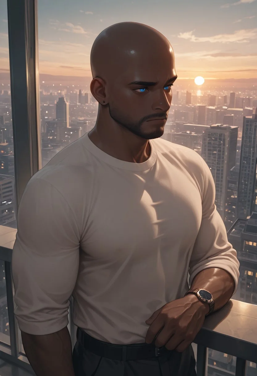 masterpiece, best quality, amazing quality, absurdres, newest, detailed background, definition so sharp, Ultra-HD, 8K cinematic, very awa, impressionate, amazing quality, highres,
1boy, mbti_estj, muscular man, mature man, bald, dark skin, facial hair, blue eyes, watch, solo, balcony, city lights \(bokeh\), twilight, soft ambient light, overlooking cityscape, pensive, relaxed, smart casual, warm atmosphere, tranquil urban, high quality, atmospheric, aesthetic