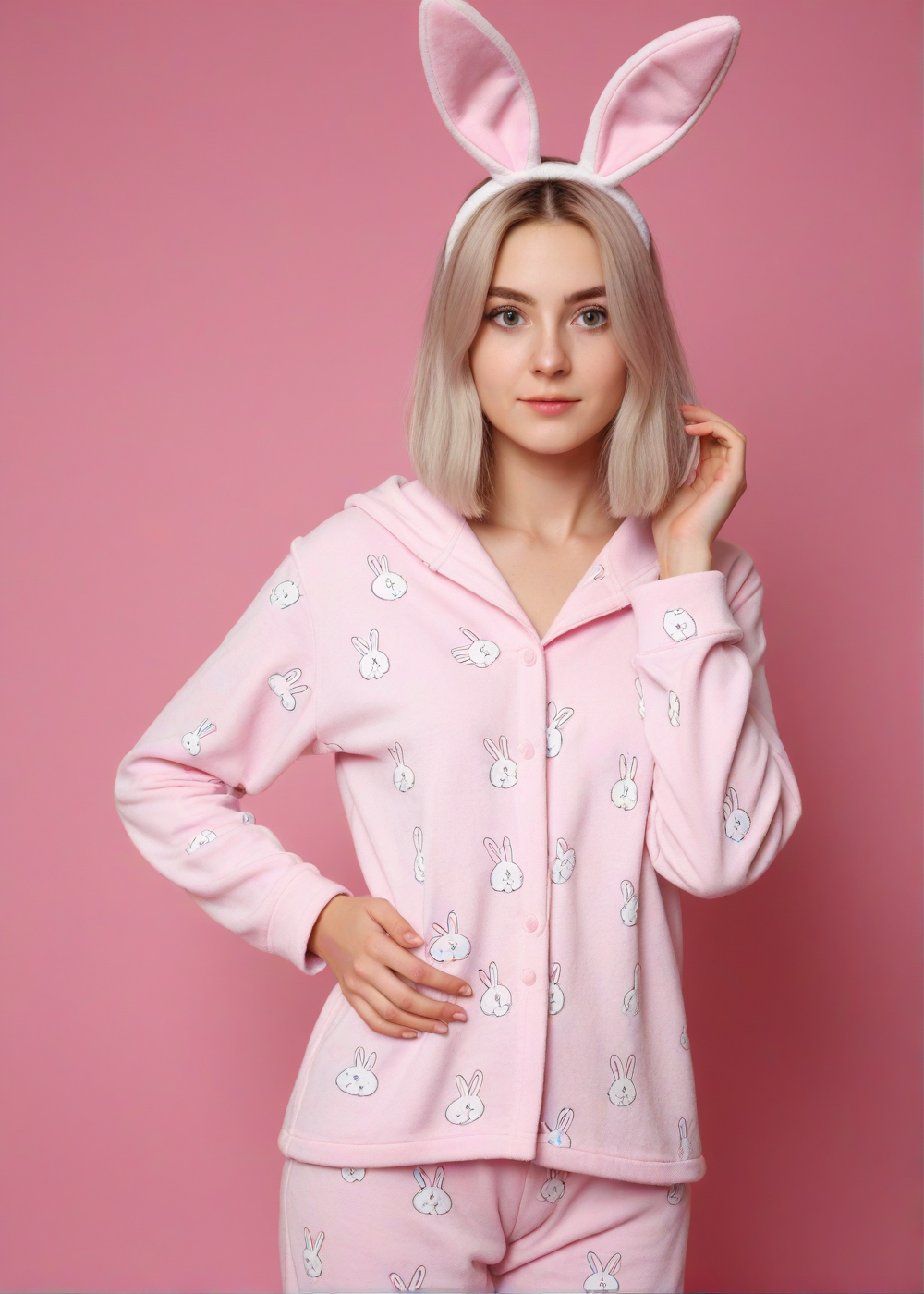 photo of eva-elfie, standing, portrait, pink background, rabbit ears, rabbit pajamas, skin detailed, blonde hair, medium hair <lora:evaXL2:1>