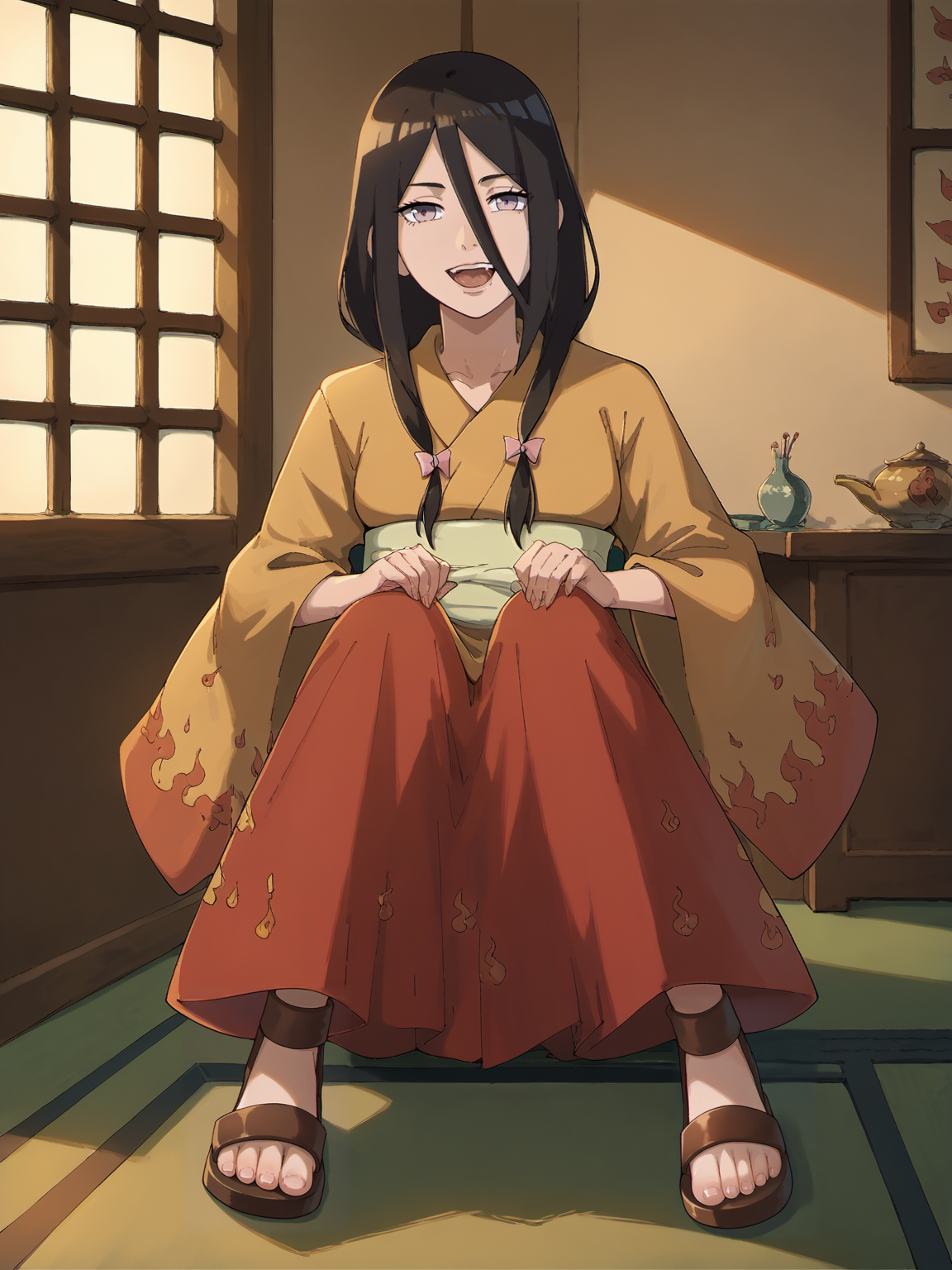 erfect Hands,Perfect feet, score_9, score_8_up, score_7_up, score_6_up,  score_anime,1girl,<lora:hyuuga_hanabi2-000005:1>, hyuuga hanabi,uppe body,indoors,hyuuga hanabi's fire pattern kimono \(kimono\),sandals,looking at viewer,   <lora:Smooth_Anime_2_Style_SDXL_LoRA_Pony_Diffusion_V6_XL:0.9>,<lora:Perfect Hands:0.8>