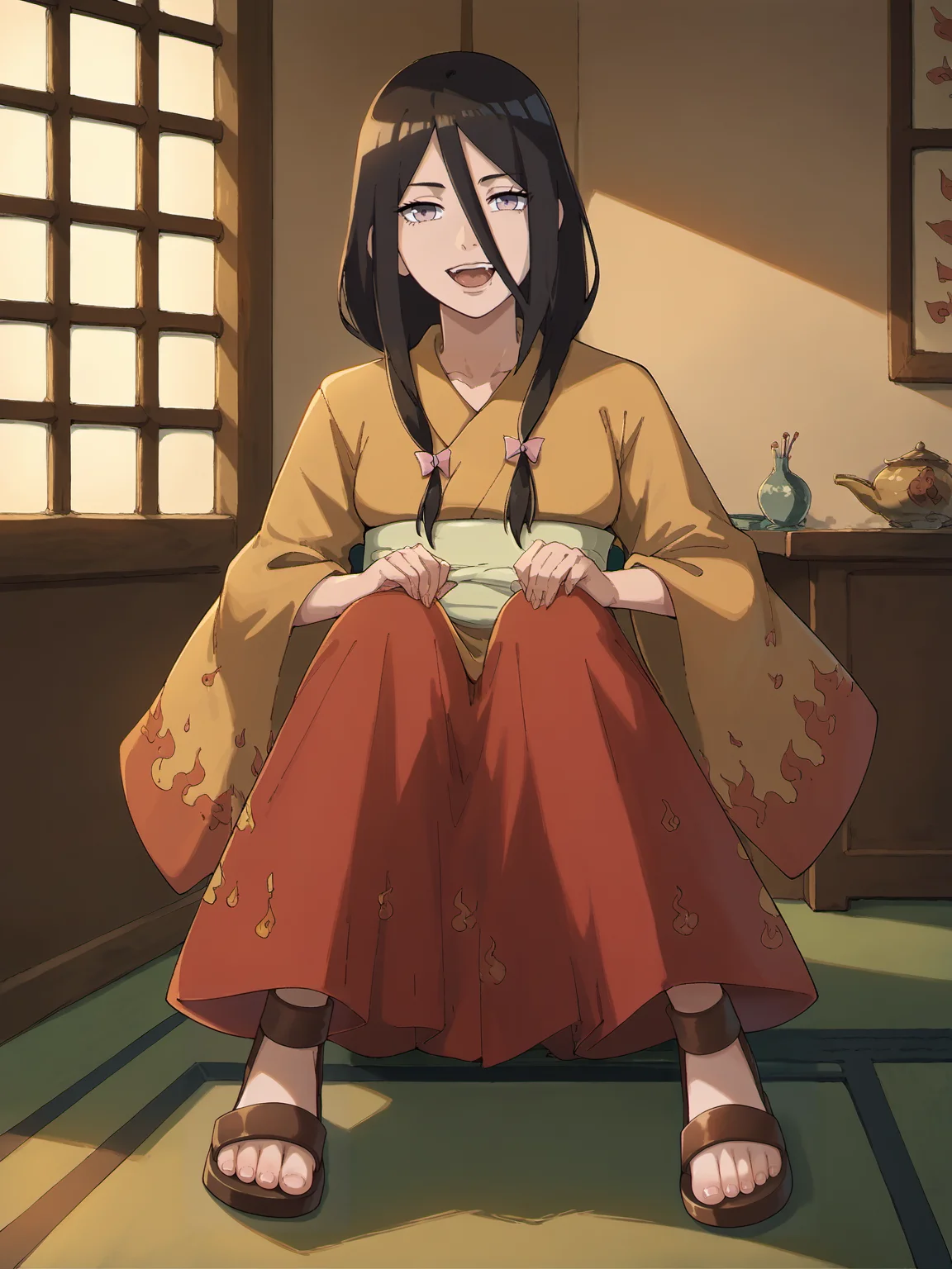 erfect Hands,Perfect feet, score_9, score_8_up, score_7_up, score_6_up, score_anime,1girl,<lora:hyuuga_hanabi2-000005:1>, hyuuga hanabi,uppe body,indoors,hyuuga hanabi's fire pattern kimono \(kimono\),sandals,looking at viewer, <lora:Smooth_Anime_2_Style_SDXL_LoRA_Pony_Diffusion_V6_XL:0.9>,<lora:Perfect Hands:0.8>