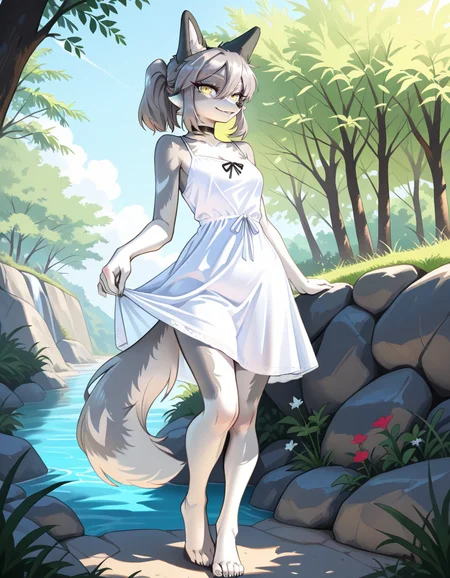 masterpiece, best quality, very aesthetic, absurdres,
outdoors,
full body, standing, posing,
sundress,
seductive smile, parted lips, long eyelashes,
<lora:Seraya_v01_NAIXL:1>
S3ray4,1girl,solo,furry,furry female,wolf girl,wolf ears,short hair,grey hair,ponytail,hair between eyes,long sidelocks,yellow eyes,snout,animal nose,choker,body fur,two-tone fur,grey fur,white fur,wolf tail,