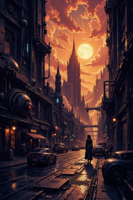 city, street, beautiful misterious futuristic sci-fi cyberpunk landscape, sunset, woman, very intricate, very detailed, sharp, colorful, <lora:Hand v2:1> <lora:Anti-Blur:1> <lora:Insane Detail Slider:0.5>  <lora:Flux.1_Turbo_Detailer:0.6> <lora:flux.1_lora_flyway_Epic-detail_v2:0.6> <lora:flux-charmer-v1-1:0.4><lora:Vibrantly_Sharp_style_v.5:0.4> <lora:The_Dark_Side_Of_The_Future:0.8> <lora:Neurocore Anime Cyberpunk v2.0:0.7> A digital artwork in the style of cknc