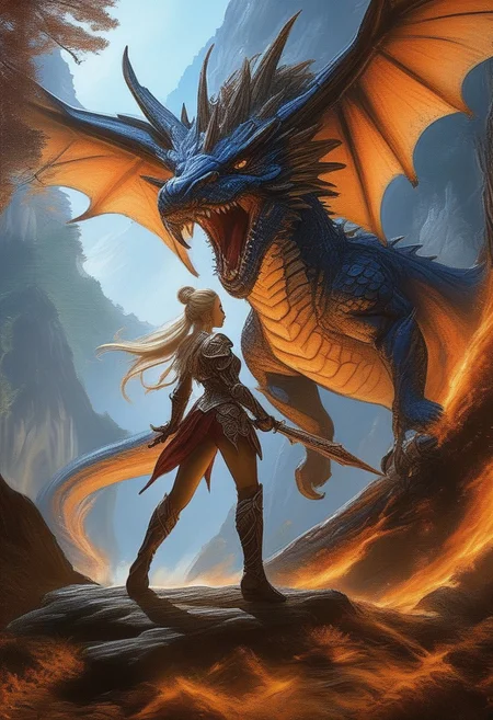 elfian princess fight against giant dragon, in beautiful forest, 8k action shot, elfian princess in short armor, long legs,, with long spear,fighting, fantasy, gigantic dragon, bosstyle,