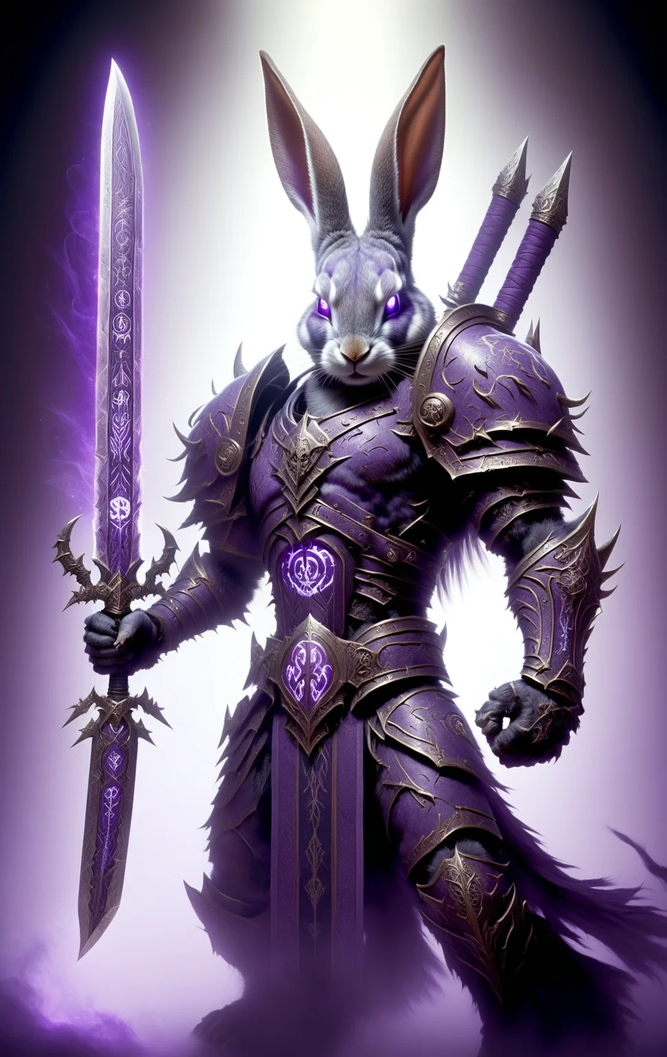 rabbit, death knight, DonMD34thKn1gh7XL wielding runeblade, purple glowing runes, two handed sword, <lora:DonMD34thKn1gh7XL-v1.1-000010:0.8>