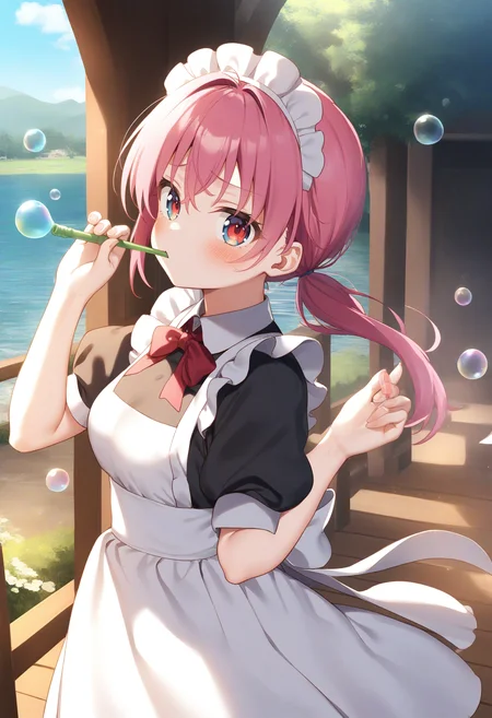 1girl,sincos, ningen mame, toosaka asagi,solo,medium breasts,20yo,maid,maid headdress,
blowing bubbles, bubble, bubble blowing, bubble pipe, outdoors, day, sky,<lora:blowingbubbles_XL_v1:0.7>
from side, panorama shot, looking to the side, pink hair, red eyes,frown, river, low ponytail hair,
best quality, very aesthetic, absurdres