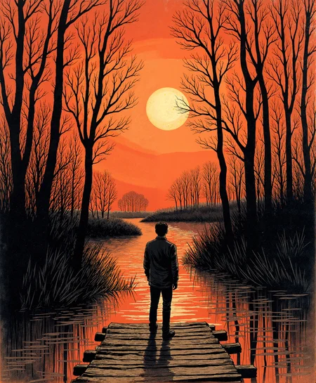 Comic book style,linquivera,Ink illustration,(anime:0.5),brown tones,aged black red paper,inkpunk,moonlight,ink stains,ink splashes,drips,surreal,a man standing on a dock in swampy wetlands,(at a distance),Will-o'-the-wisp,moonlit,lonely,solitude,windy,tall trees,willows,willowy,OverallDetail,extremely detailed,UHD,(long exposure , dystopian but extremely beautiful:1.4), in the style of umej1900