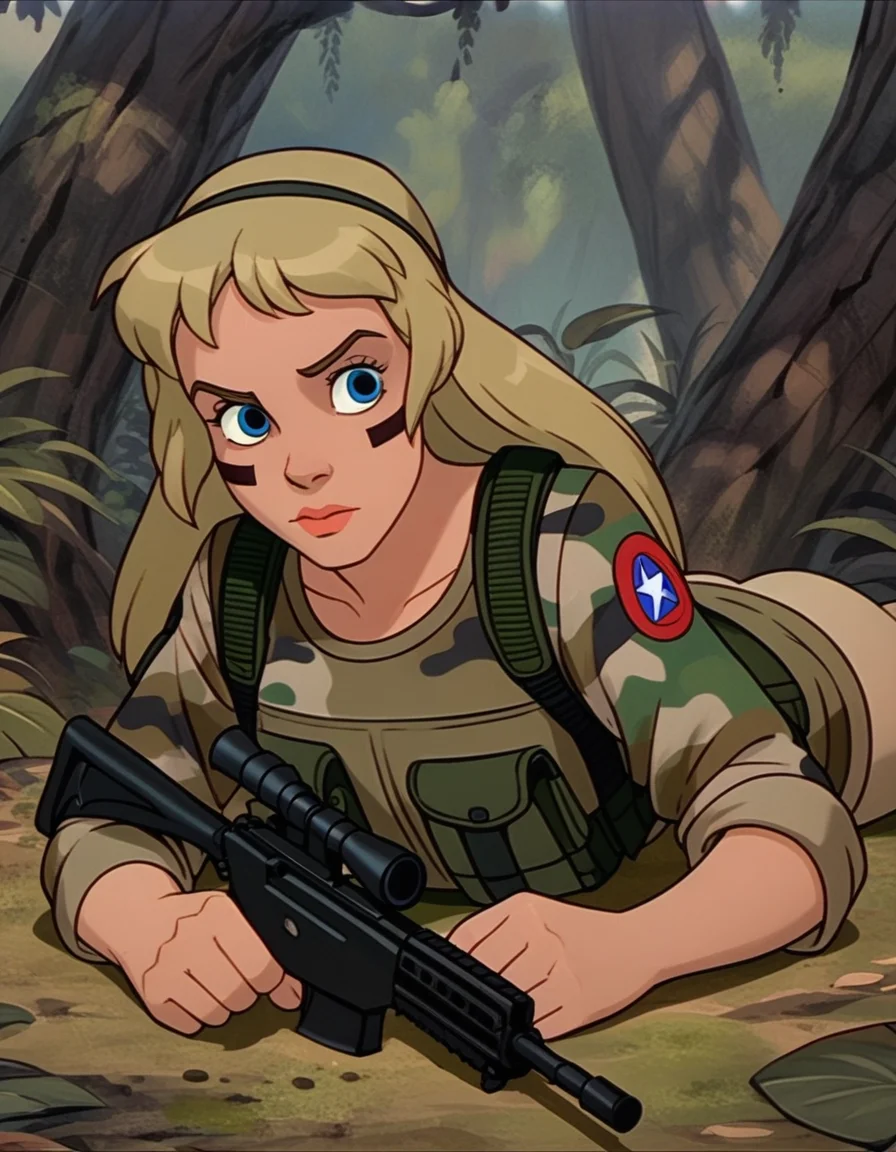 score_9, score_8_up, score_7_up <lora:eilonwy-ponyxl-000050:1> eilonwy, camouflage, hairband,
1girl, solo, on stomach, facepaint, airsoft, aiming at viewer, jungle