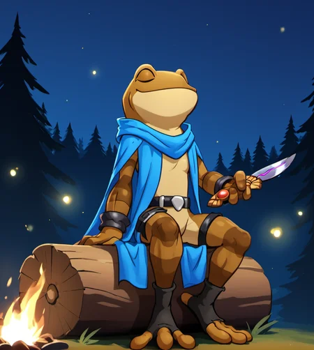 score_9, score_8_up, score_7_up, high res:1.5, digital media (artwork), lineless:1.3, solo focus, d4r3l, frog, featureless crotch, blue cape, feathered cape, belt, toeless socks, black wristband, 4 fingers, 3 toes, brown skin, two tone skin, eyes closed, anthro, male, sitting on log, dagger, night, ambient firefly, campfire, dark forest scenery, <lora:Darel_-_Kulipari_V2:1>