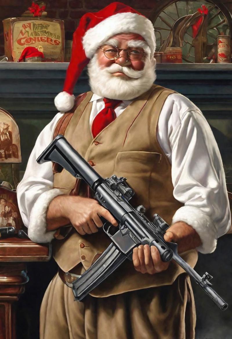 (masterpiece: 1.2), best quality, Santa as gangster poses with a machine gun, Chicago, Prohibition in the United States, bootlegging