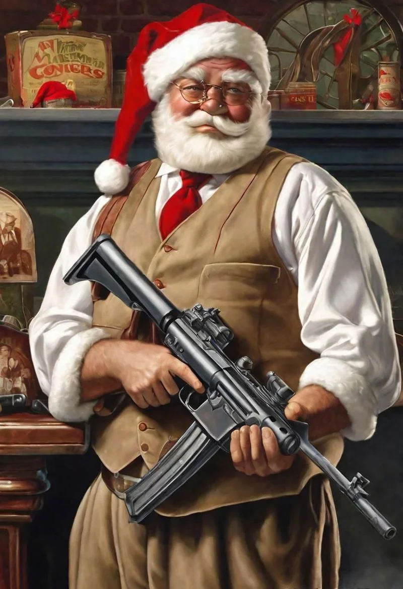 (masterpiece: 1.2), best quality, Santa as gangster poses with a machine gun, Chicago, Prohibition in the United States, bootlegging