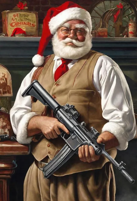 (masterpiece: 1.2), best quality, Santa as gangster poses with a machine gun, Chicago, Prohibition in the United States, bootlegging
