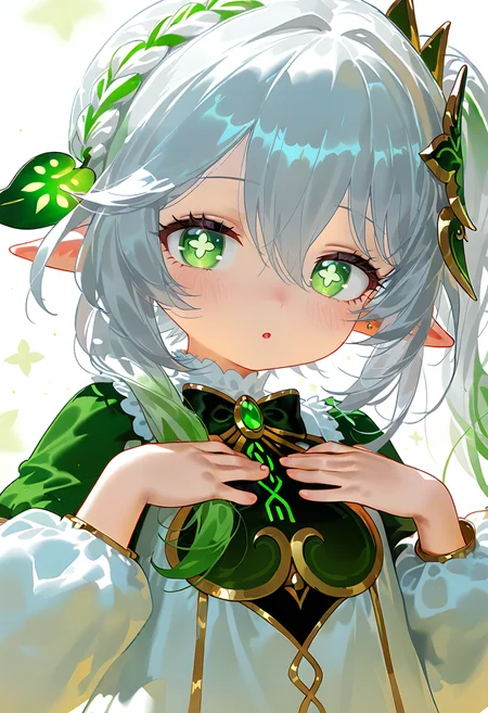 1girl, nahida \(genshin impact\), genshin impact, :o, cross-shaped pupils, floating hair, gradient hair, green eyes, green hair, hair ornament, long hair, looking at viewer, multicolored hair, open mouth, out of frame, pointy ears, side ponytail, solo, symbol-shaped pupils, white hair, jewelry, crown braid, gold trim, white background, light particles, juliet sleeves, leaf hair ornament, puffy sleeves, alternate costume, green bow, braid, parted lips, cro, bow, hands up, single braid, dress, simple background, green bowtie, green theme, blush, cross print, upper body, long sleeves, hair between eyes, earrings, eyelashes, sidelocks, bowtie, hands on own chest, cosplay, green dreush \(cosplay\), gold bracelet, white drebe ornament<lora:nyaliaXL_NB11_lokr_V531:0.95>