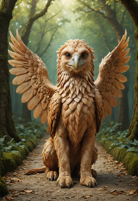 realistic photography a cute magical griffin with majestic wings in an enchanted wonderland, beautiful whimsical fantasy art concept, detailed background, glowing particles, intricate details, ultra sharp, realism, <lora:Happy_World:0.8>