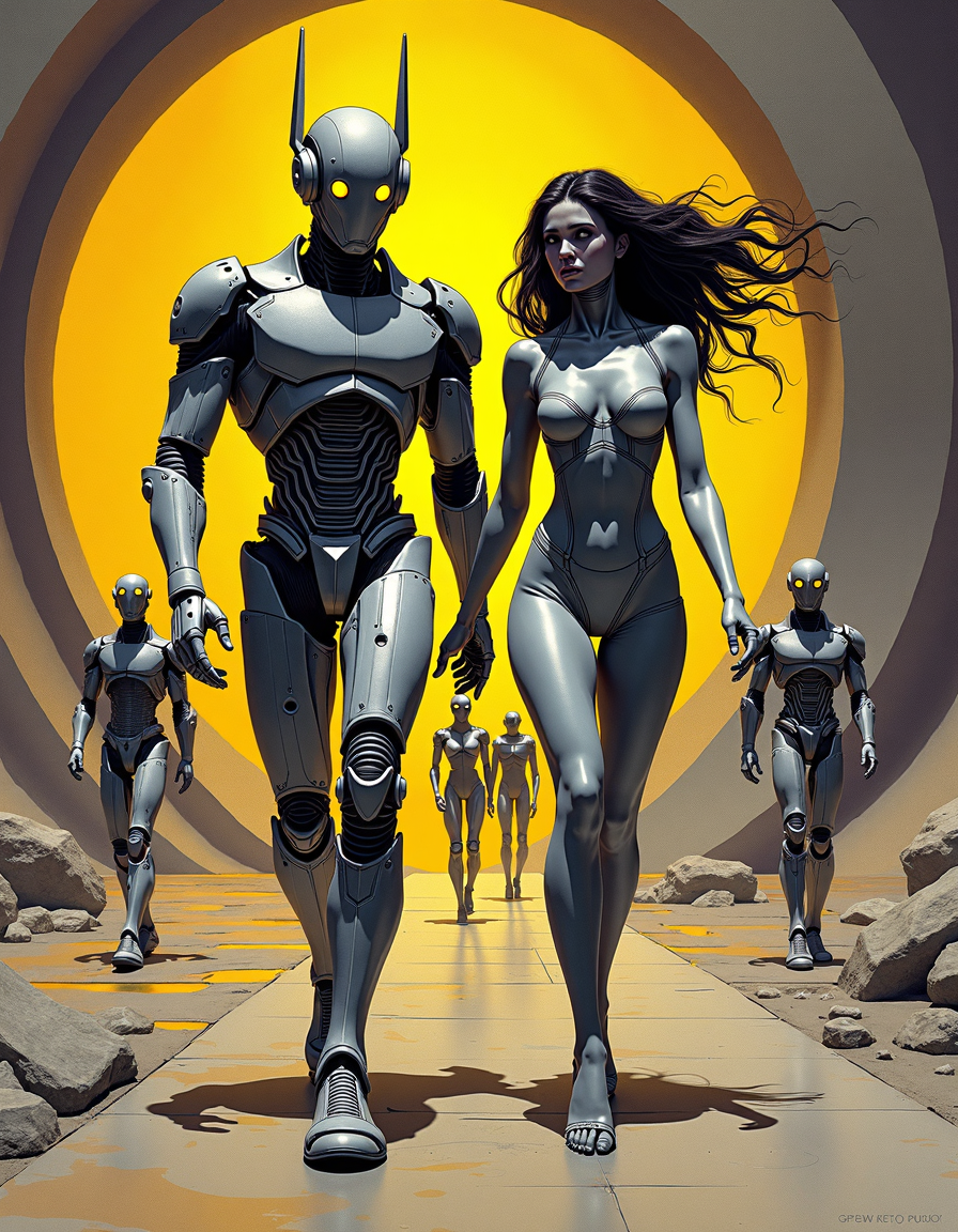 fantasy art by Glenn Fabry and Théophile Steinlen, a titanium grey robot(in brutalist angular design almost like a f-35:1.2) antennas and mechanical-fins adorn his head, glowing eyes and mouth, and a lithe femme fatale woman wearing a hightech science fiction bodysuit are on an extraterrestrial adventure together,  The canvas is filled with enigmatic swirls of neon-yellow hues and interconnected shapes, all illuminated in shades of purple. A group of robots weave their intricate patterns into intricate dances as a runway transforms from one to both: two metallic gear and four futuristic body modifications of various poses. Each romper and sandals takes off into motion blur, while an air of shimmering fluidity emergeses, , Comic book art, dark fantasy, detailed linework, expressive characters, dynamic compositions, Art Nouveau, lithography, posters, cats, bohemian Parisian scenes