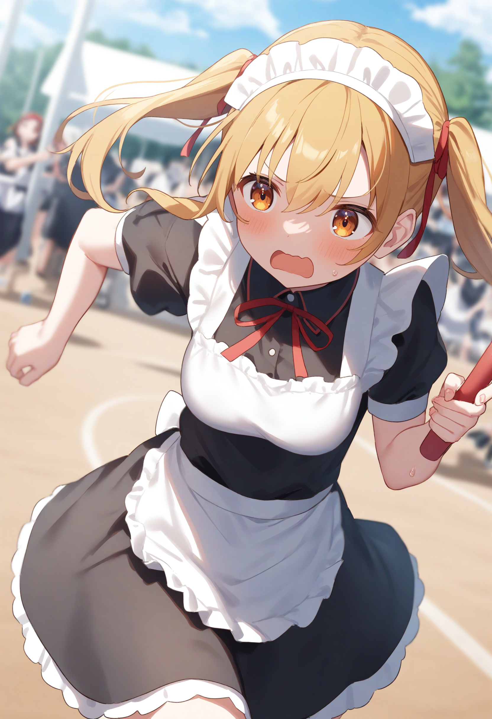 1girl,sincos, ningen mame, toosaka asagi,solo,medium breasts,20yo,maid,maid headdress,
relay baton, holding,day, outdoors, sports festival, red headband,running, sweat, <lora:relaybaton_XL_v1:0.8>
dutch angle, cowboy shot, looking ahead, blonde hair, brown eyes,scared,  closed mouth, low twintails hair,,
best quality, very aesthetic, absurdres
