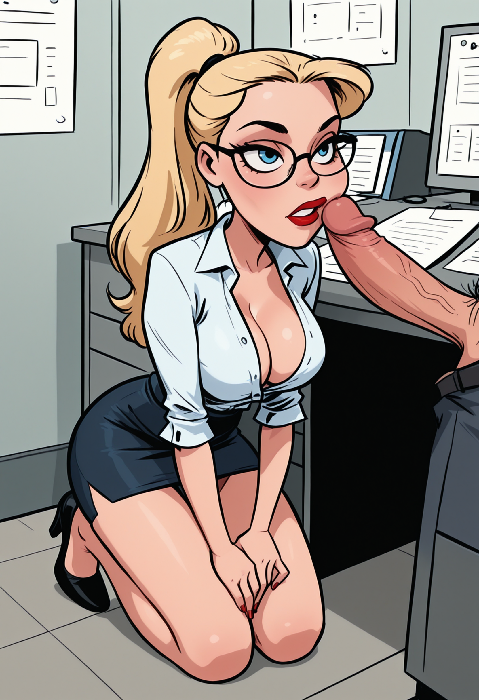 masterpiece, best quality, amazing quality, 4k, high resolution, absurdres, newest, 1girl, perfect face, soft facial features, detailed beautiful eyes, perfect anatomy, large breasts, luscious hair, eyelashes, tight clothing, athletic woman, perfect hands, red lips, (slim), 25 year old Israeli secretary, long hair, blonde hair, ponytail, office lady outfit, nerdy, glasses, unbuttoned shirt, pencil skirt, solo focus, female focus, (office:1.17), (under desk:1.25), kneeling, 1boy, large penis, penis poking her cheek, 