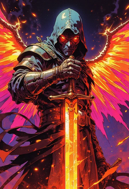 An intense close-up of a mysterious rogue warrior mid-action, clad in weathered leather armor with a flowing hood and mask concealing their face. The figure holds a glowing, fiery blade that emits radiant heat waves, illuminating their rugged gloves. Vibrant distortion effects and chromatic aberration create a surreal, glitchy atmosphere, emphasizing their supernatural energy. Fiery orange and deep magenta hues clash dramatically against a dark, smoke-filled background. The warrior's piercing, glowing eyes lock onto the viewer, exuding a sense of fierce determination and otherworldly menace. Motion blur adds a sense of rapid movement to the wings-like fabric swirling behind them.